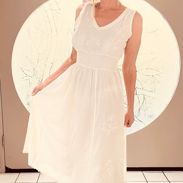 White Bohemian Casual Dress, Embroidery, Bridal, Feminine Maxi Beach Cover up