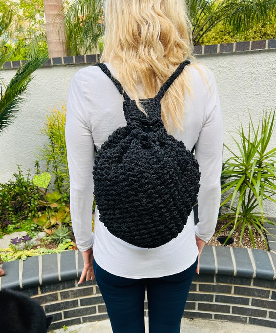 Macrame Backpack, Black Bag, Carry All, Lined - image 1