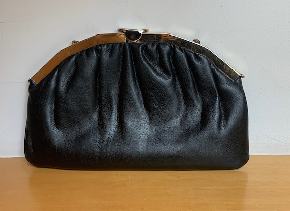 Vintage Black Leather Handbag, Shoulder Bag, Clut… - image 1