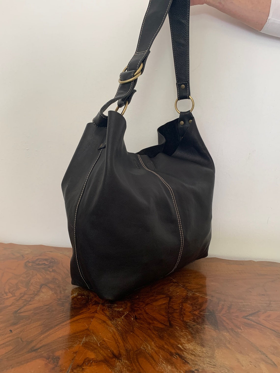Black Leather Hobo Shoulder Bag Soft Large Purse | Etsy