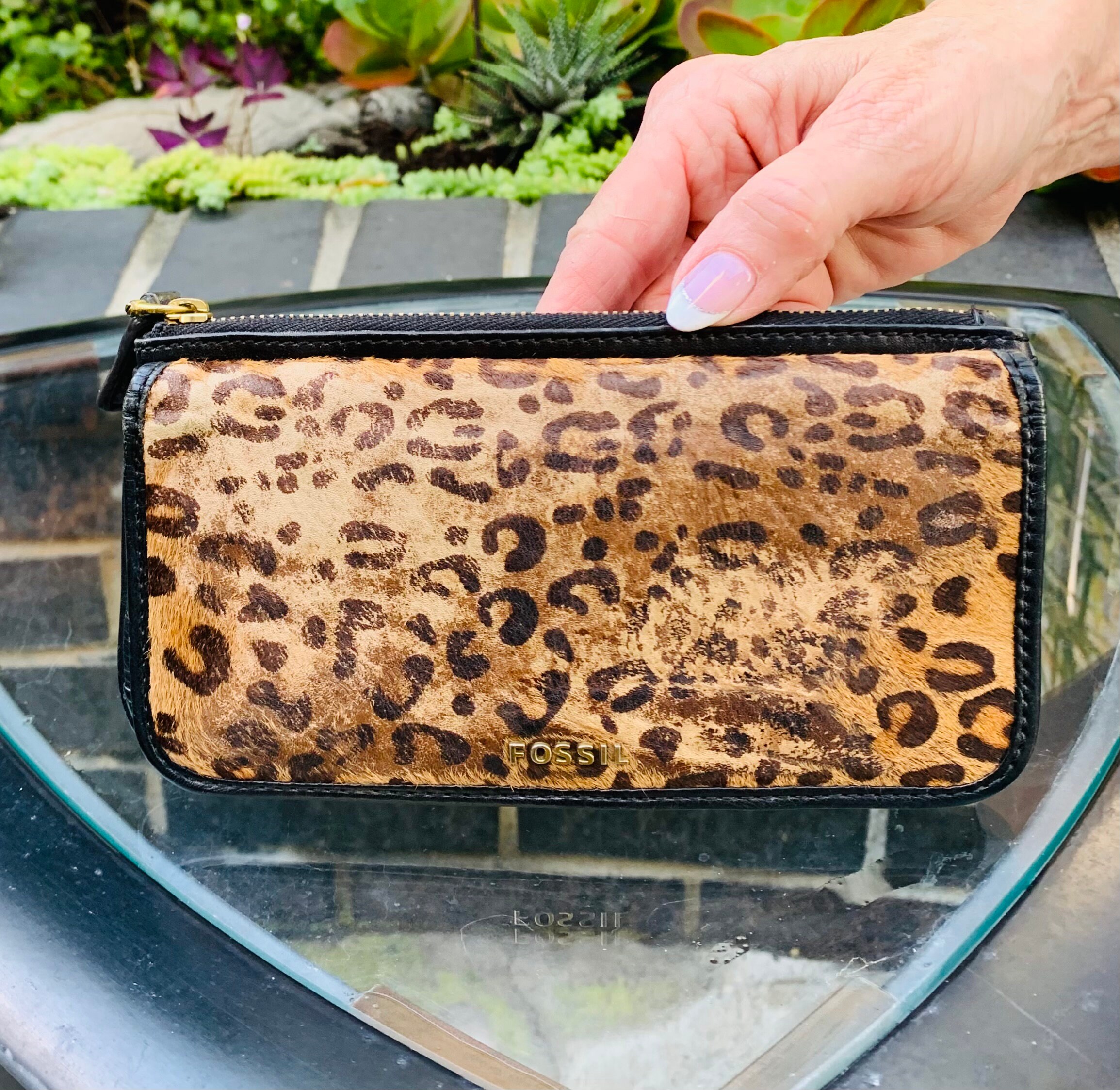 Fossil Leopard Print Wallet Black Leather Hair Fur Bi Fold Etsy