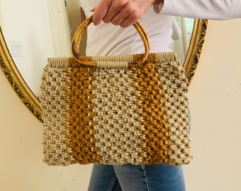 Vintage Handmade Macrame Top Handle, Hinged Hand Bag, Orange & Beige, Wicker Polished Handles