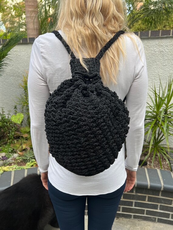 Macrame Backpack, Black Bag, Carry All, Lined - image 6