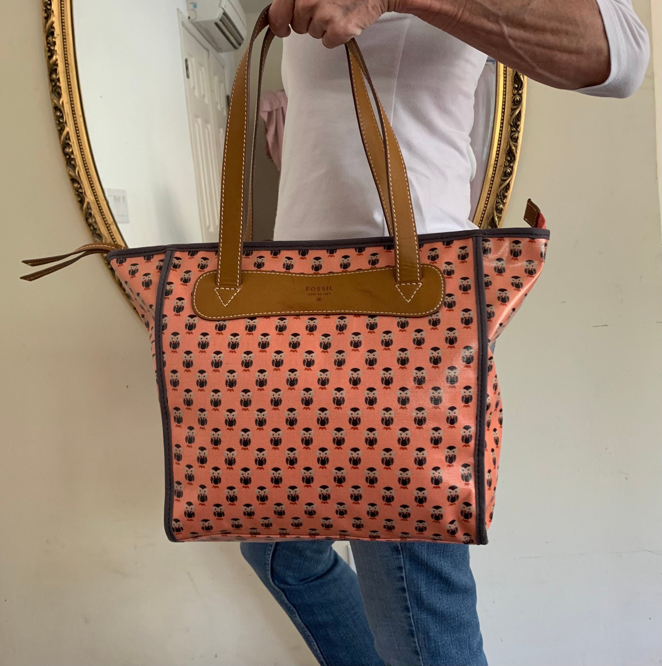 Fossil Owl Tote Coated Canvas, Genuine Leather Shoulder Bag 