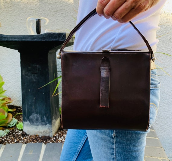 Vintage Top Handle, Brown Leather Purse - Gem