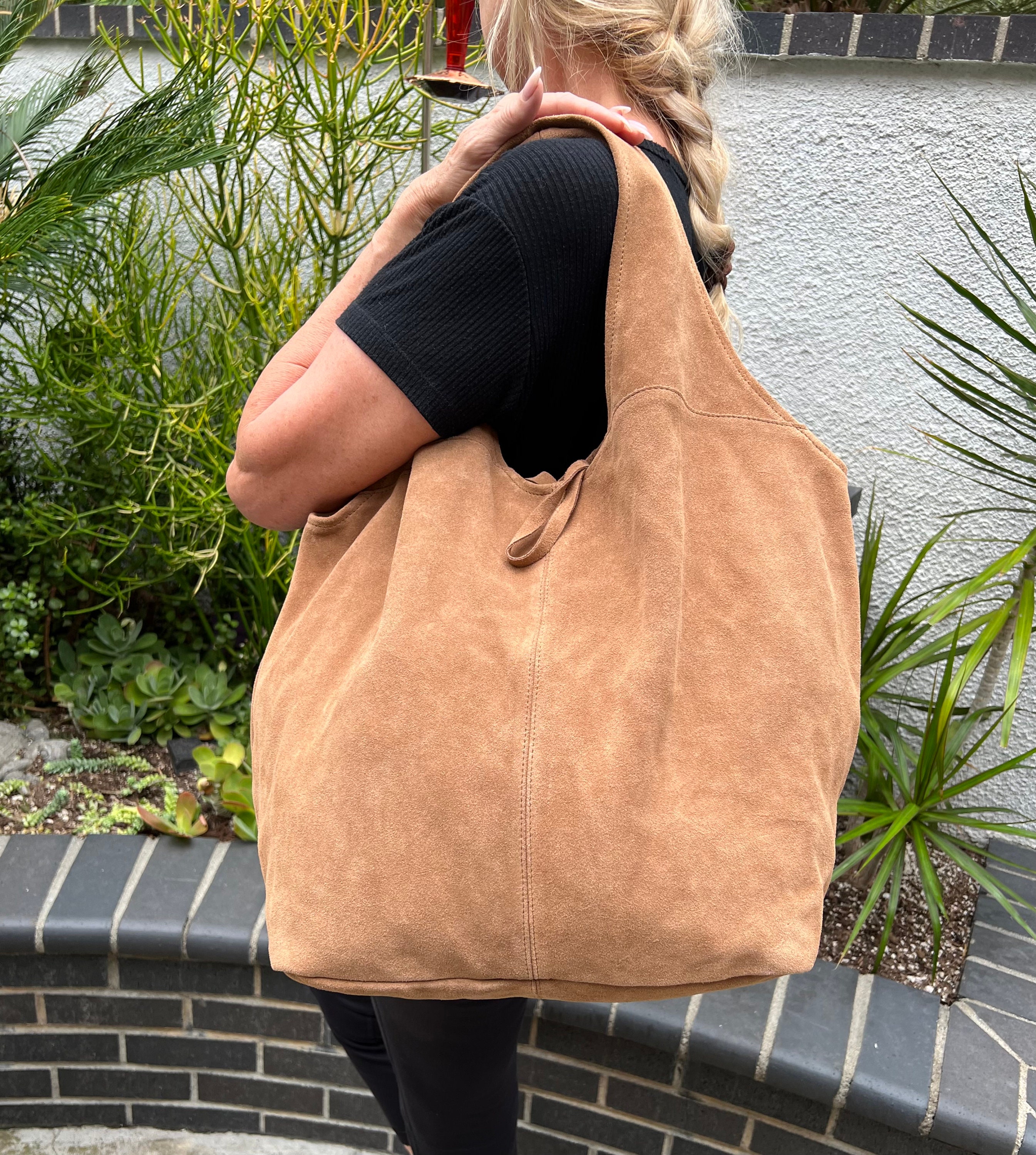 brown suede tote bag