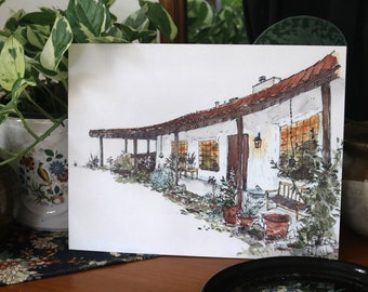 CASITA .: Akwarela Adobe House (8,5x11) Wydruk artystyczny w stylu hiszpańskiego odrodzenia