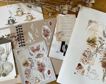 COTTAGE STICKER SHEET .: Cottagecore Sticker Set | Vintage Watercolor Mushroom, Floral Stickers