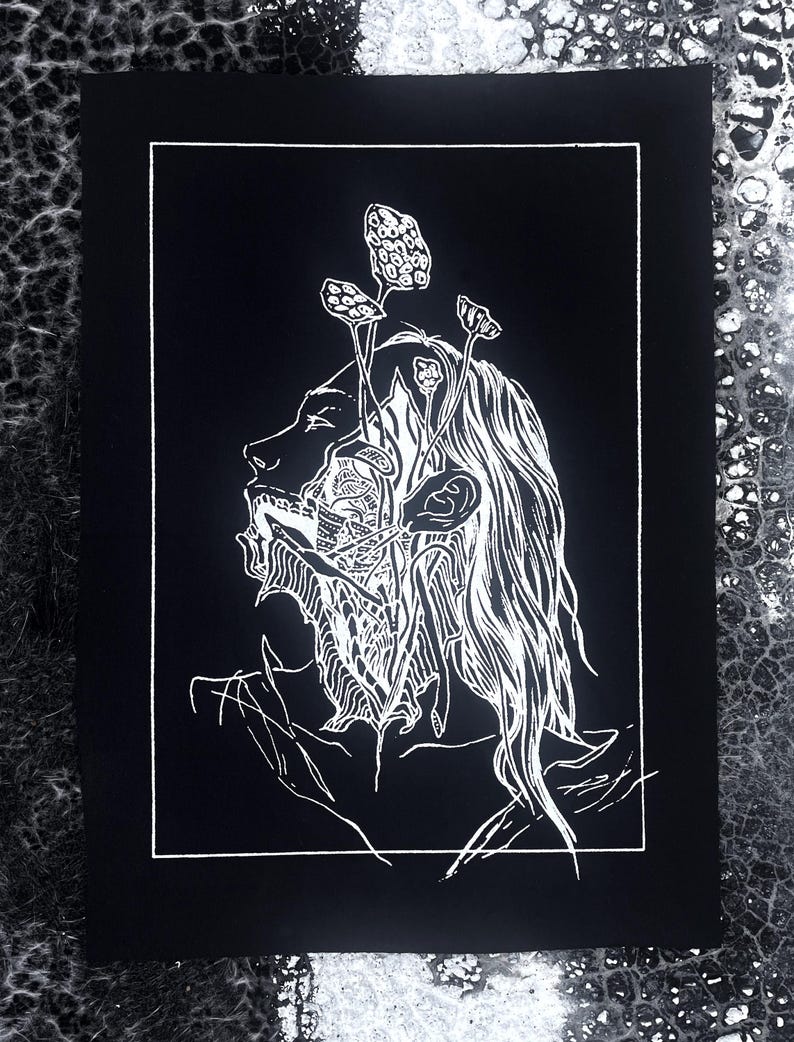 May include: A black and white illustration featuring a person with long hair and mushrooms emerging from their head. The artwork is framed with a white border on a black background. The image has a detailed, artistic style.