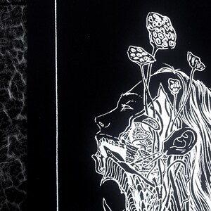 May include: A black and white illustration featuring a person with mushroom-like forms growing from their head. The image is framed with a white border, set against a black backdrop.