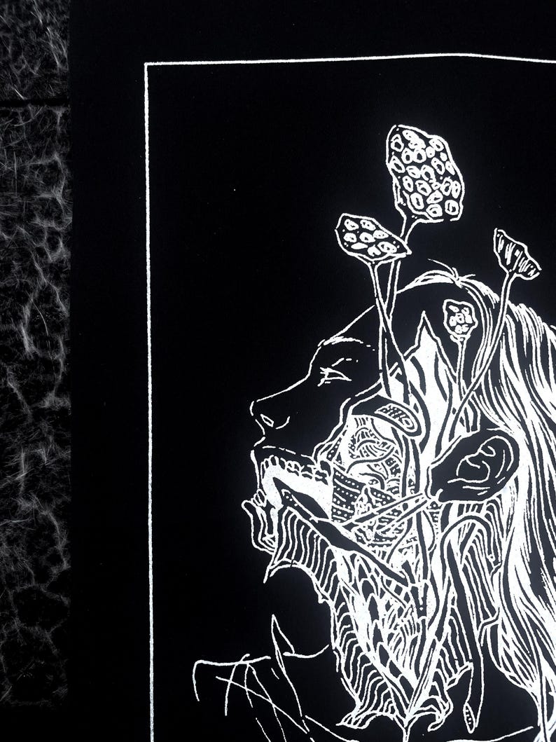 May include: A black and white illustration featuring a person with mushroom-like forms growing from their head. The image is framed with a white border, set against a black backdrop.