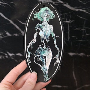 May include: A sticker featuring a ghostly figure with a skeletal appearance, rendered in shades of blue and green against a black background.