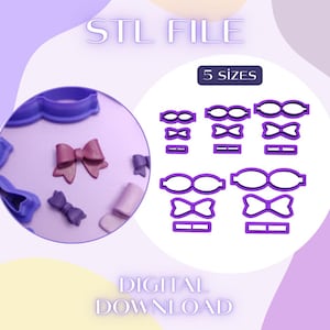 Könnte beinhalten: Ein Bild, das STL-Dateien für schleifenförmige Ausstecher zeigt. Das Bild zeigt verschiedene Schleifendesigns in Lila, mit dem Text "STL FILE" und "DIGITAL DOWNLOAD". Das Bild zeigt auch "5 Größen".
