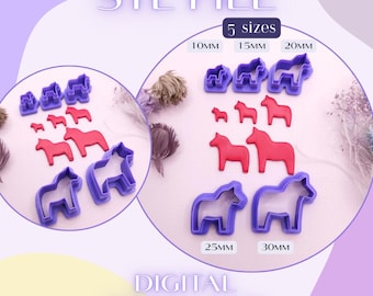 May include: An image of horse-shaped cookie cutters in various sizes. The cutters are purple and red, with sizes ranging from 10mm to 30mm. The text "STL FILE" and "DIGITAL DOWNLOAD" are visible.