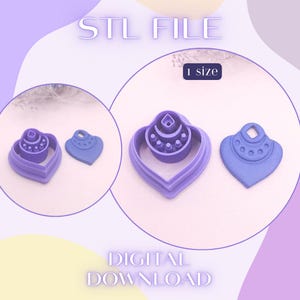 May include: Purple STL file earring cutters in a heart shape, with the text "STL FILE" and "DIGITAL DOWNLOAD". The cutters are in a variety of sizes and shapes, with a small tag that says "1 size".