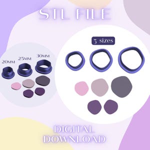 May include: Digital download image featuring 3D-printed cookie cutters and matching shapes in various shades of purple and pink. The cutters are labeled with sizes 20mm, 25mm, and 30mm. The text "STL FILE" and "DIGITAL DOWNLOAD" are also visible.