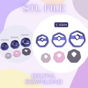 May include: Image of 3D-printed cookie cutters in three sizes: 25mm, 30mm, and 35mm. The cutters are blue with a geometric design. The image includes the text "STL FILE" and "DIGITAL DOWNLOAD."