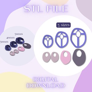 May include: An image showcasing STL files for earring designs. The image displays three sizes of earring cutters in dark blue, along with corresponding earring shapes in shades of pink and gray. Text includes "STL FILE", "3 sizes", and "DIGITAL DOWNLOAD".