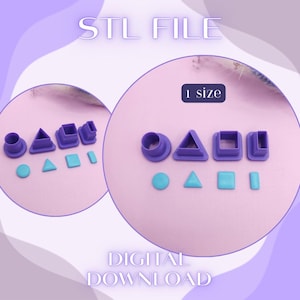 May include: Purple and teal geometric shape cutters arranged on a pink surface. The cutters include circles, triangles, squares, and rectangles. The text "STL FILE", "1 size", and "DIGITAL DOWNLOAD" are also visible.
