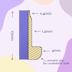 May include: A diagram showing a product's cross-section with measurements. The product is 1.5cm tall, with a 0.4mm top, 1.4mm middle, and 4mm base. It has a rounded grip for comfortable hold. The product is blue and beige.