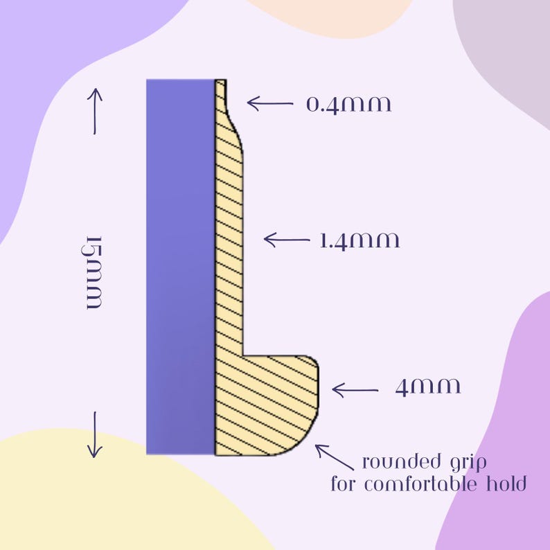 May include: A diagram showing a product's cross-section with measurements. The product is 1.5cm tall, with a 0.4mm top, 1.4mm middle, and 4mm base. It has a rounded grip for comfortable hold. The product is blue and beige.