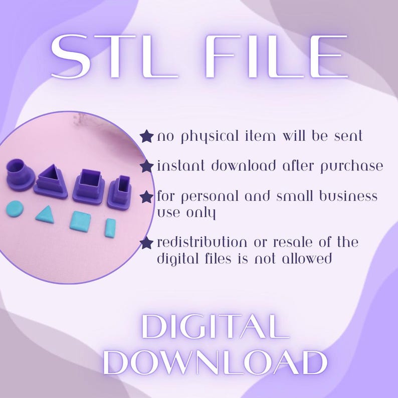 May include: A digital download image with the text "STL FILE" and "DIGITAL DOWNLOAD". It shows purple and teal geometric shapes, including circles, triangles, squares, and rectangles. The image indicates a digital product with no physical item.
