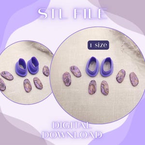 May include: A digital download STL file for a set of two purple oval-shaped clay cutters. The image displays the cutters alongside several finished oval-shaped clay pieces featuring a marbled pattern of purple, tan, and dark brown colours. Text reads STL FILE, 1 size, and DIGITAL DOWNLOAD.