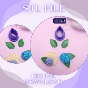 May include: Image of a digital download with the text "STL FILE" and "DIGITAL DOWNLOAD". The image shows purple and green floral designs, including a teardrop-shaped cutter, green leaves, and blue flowers.