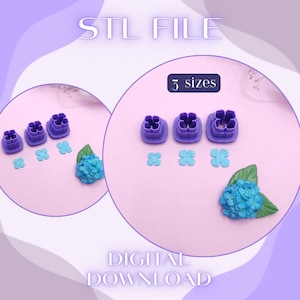 May include: Purple flower-shaped cookie cutters in three sizes, with matching flower-shaped cutouts and a blue hydrangea. The image has the text "STL FILE" and "DIGITAL DOWNLOAD".