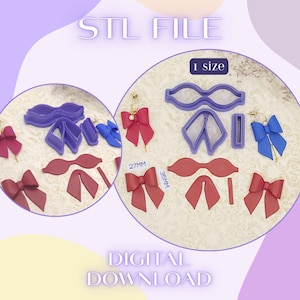 May include: An image showcasing a collection of bow-shaped earring designs and corresponding purple STL file cutters. The bows are in shades of red and blue, with measurements of 27mm and 35mm. The text "STL FILE" and "DIGITAL DOWNLOAD" are visible.
