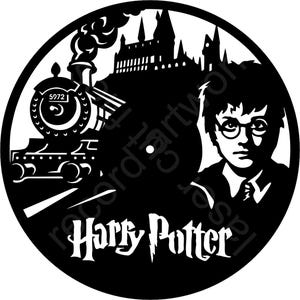 May include: Black and white silhouette of a steam engine, Hogwarts castle, and Harry Potter. The text "Harry Potter" is below the image.