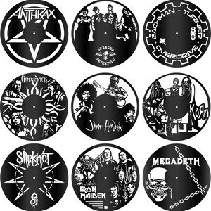 Könnte beinhalten: Neun schwarze Vinyl-Schallplatten-Designs mit verschiedenen Rock- und Metal-Bands. Zu den Bands gehören Anthrax, Avenged Sevenfold, Bachman-Turner Overdrive, Godsmack, Jimi Hendrix, Korn, Slipknot, Iron Maiden und Megadeth. Jede Platte hat ein einzigartiges Bandlogo oder -bild.