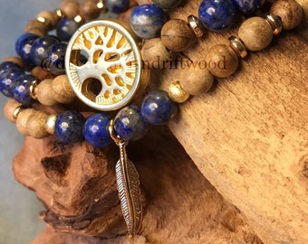Delicate Lapis Lazuli and Sandalwood Mala Bracelet set, Meditation Bracelet, Layering Bracelets, Wisdom Mala