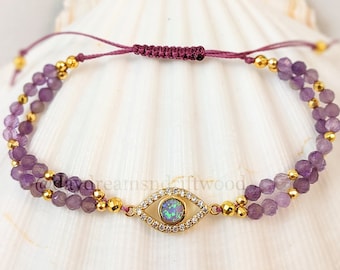 Pulsera ajustable de doble hebra de amatista, pulsera minimalista de mal de ojo