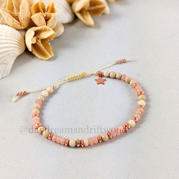 Graceful Pink Opal and Fossil Stone Adjustable Bracelet, Minimalist Yoga Bracelet