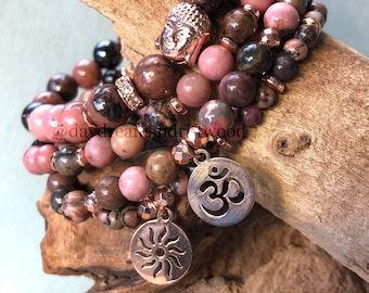 4-Piece Yoga Mala Bracelet Set, Rhodonite Self-Care Bracelet