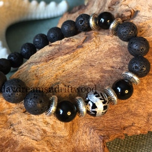 Men's Obsidian and Lava Meditation Bracelet, Silver Embossed and Carved Dragon focal bead, Men's Chakra Mala