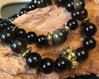 Gold Sheen Obsidian 2-teiliges Herren Mala Armband Set mit Gold Drachen und Akzenten