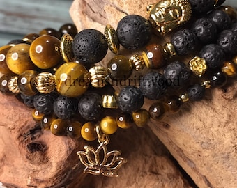 Strengthening Tiger Eye and Lava Stone Essential Oil 4-Piece Mala Bracelet Set with Gold Accents, Self Care, Yoga Bracelet, Meditation Reset
