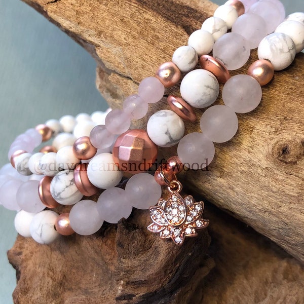 3-Piece Yoga Mala Bracelet Set, Frosted Rose Quartz and Howlite Self-Care Bracelet