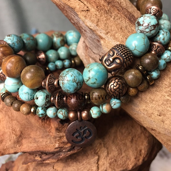 Purifying Turquoise and Sandalwood 3-Piece Mala Bracelet Set with Red Copper Accents, Self Care Bracelet, Yoga Bracelet, Meditation bracelet