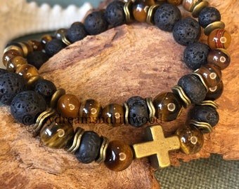 Antik Bronze Kreuz Tigerauge und schwarzer Lavastein Herren 2-teiliges Mala Armband Set