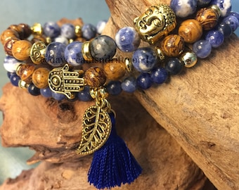 Tranquil Sodalite and Calligraphy Stone 3-Piece Mala Bracelet Set with Gold Accents, Yoga Bracelet, Self Care Meditation Bracelet, Reset
