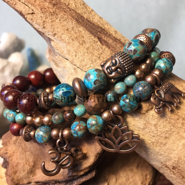 Empowering Chrysocolla and Rosewood 3-Piece Mala Bracelet Set with Red Copper Accents, Self Care Bracelet, Yoga Bracelet, Reset Meditation