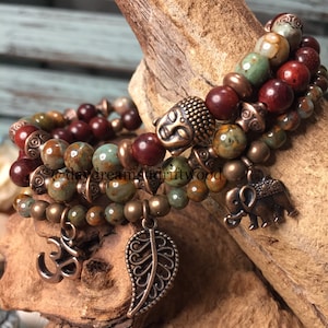 Prosperous Rustic Marbled Jade and Rosewood 3-Piece Mala Bracelet set with Red Copper Accents, Self Care, Yoga Bracelet, Reset Meditation