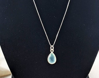 Aqua Chalcedony Pendant Charm Necklace, 925 Sterling Silver, 18k Gold, Minimalist Yoga Necklace