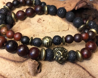 Herren Sandelholz und Lava Meditationsarmband, Herren Anti-Stress Mala, Herren Lava Schmuck, Herren Yoga Armband