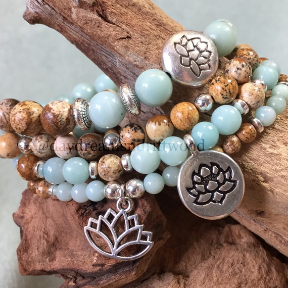 Calming meditation bracelet, Amazonite and Jasper stacking bracelet set, anti anxiety bracelet, wrist mala, meditation bracelet, yoga mala