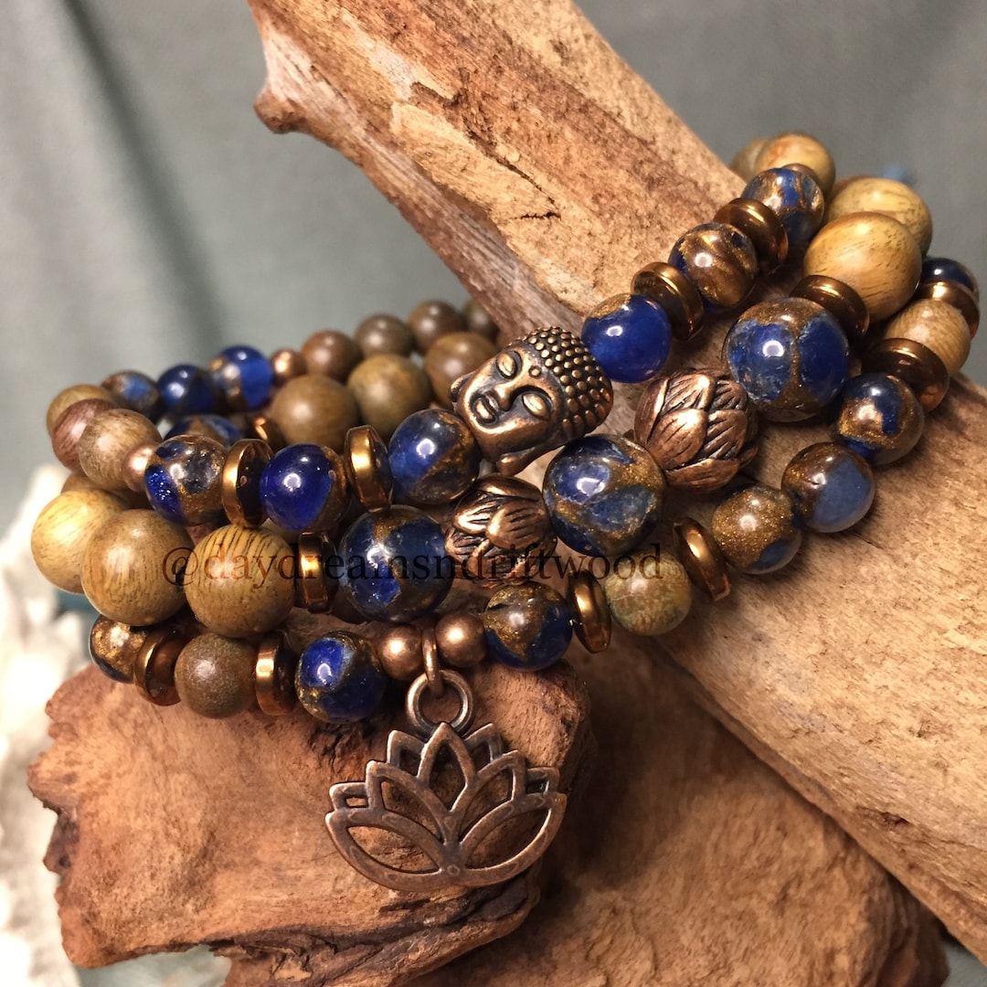 Royal Blue Mosaic Quartz and Sandalwood 3piece Mala Bracelet Set With