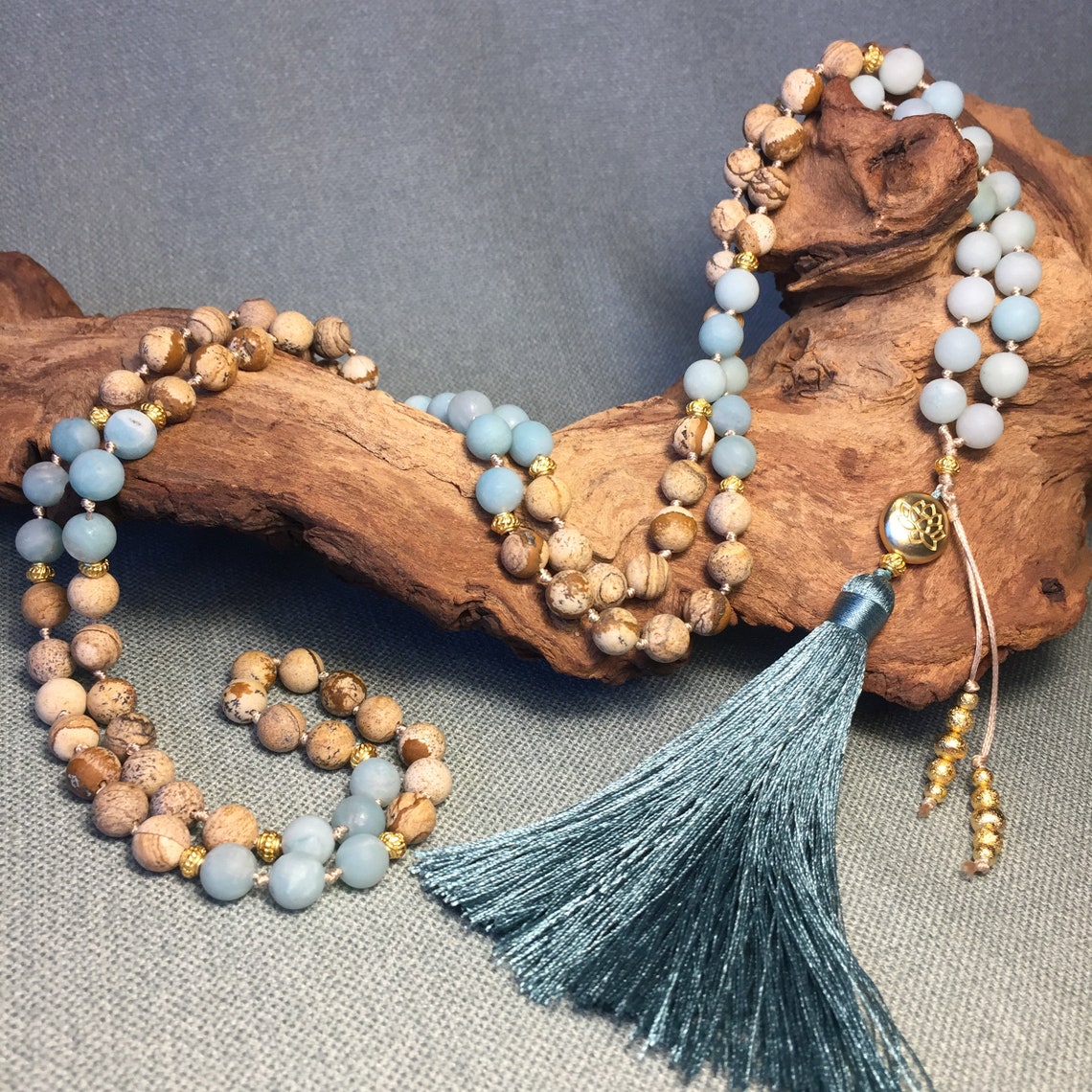 108 Bead Hand Knotted Mala Necklace Frosted Amazonite and | Etsy